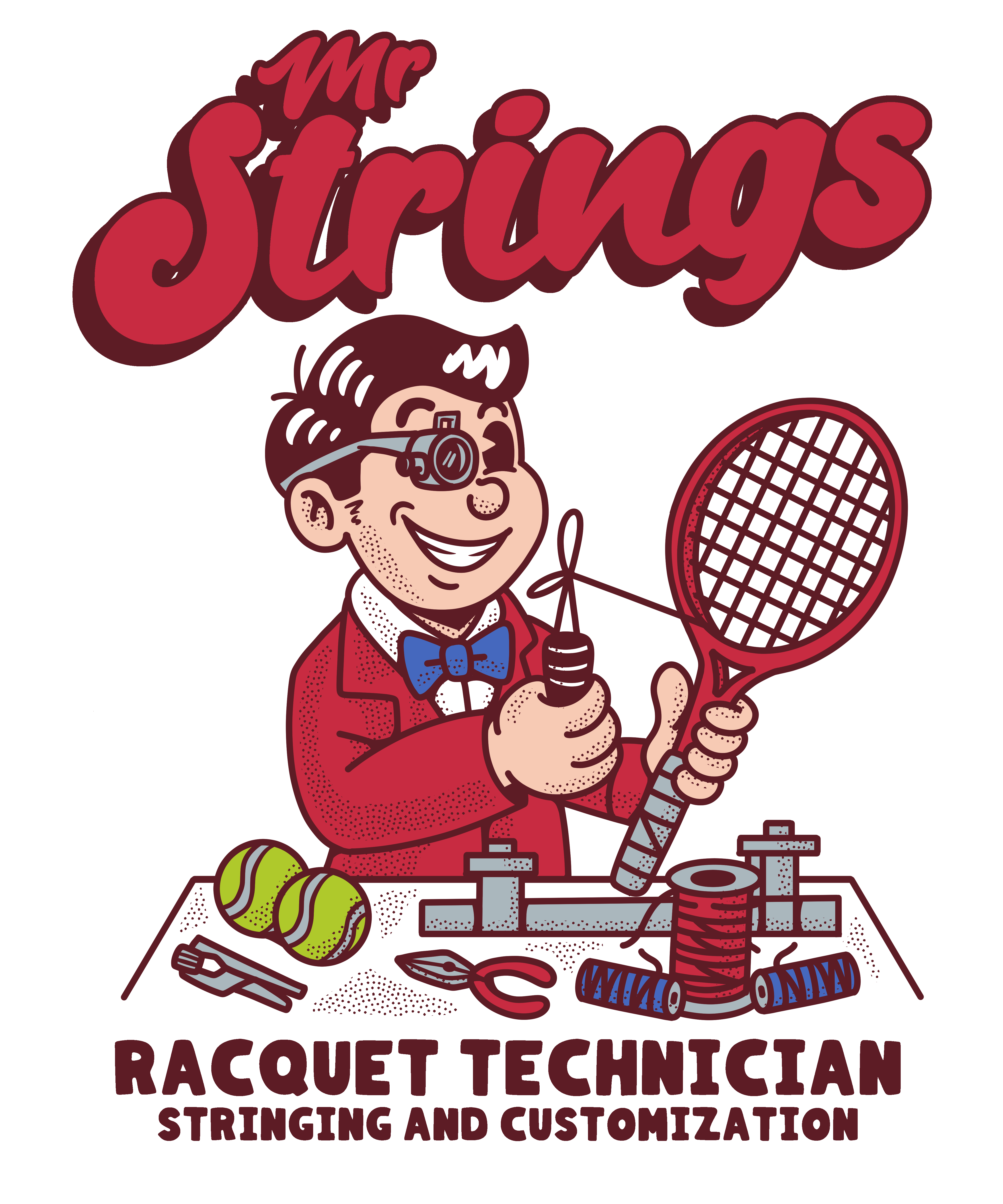 Mr. Strings: a smiling, vintage-style racquet technician at his stringing bench